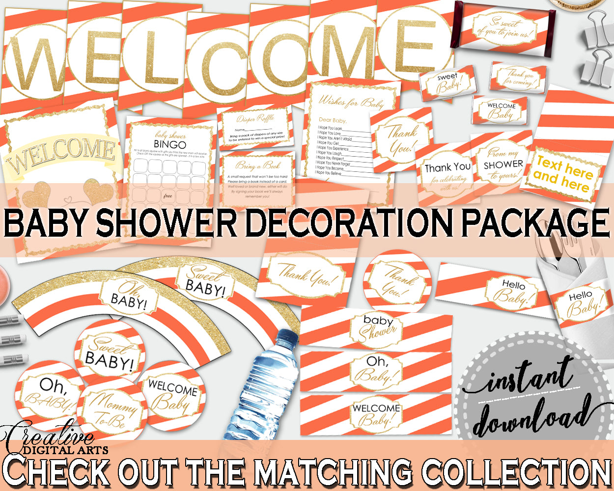 Orange Baby Shower Decorations package Stripes bundle glitter printable, baby shower girl, digital Jpg Pdf - Instant Download - bs003