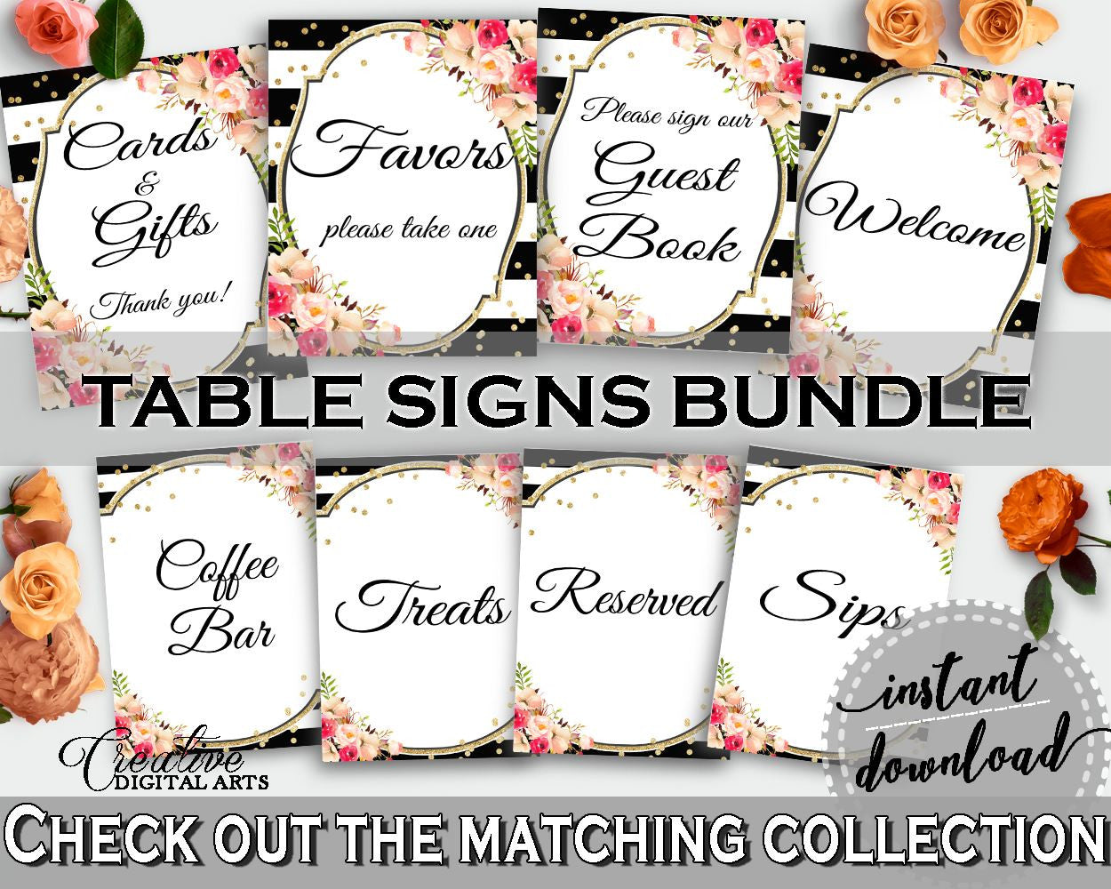 Flower Bouquet Black Stripes Bridal Shower Table Signs Bundle in Black And Gold, please take a treat, floral theme, shower activity - QMK20 - Digital Product