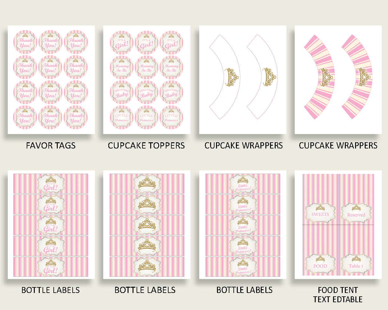 Pink Gold Baby Shower Decorations Girl Kit, Royal Princess Baby Shower Party Package Printable, Instant Download, Glamorous rp002