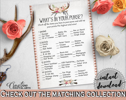 Antlers Flowers Bohemian Bridal Shower What's In Your Purse Game in Gray and Pink, purse game, gray bridal theme, digital download - MVR4R - Digital Product
