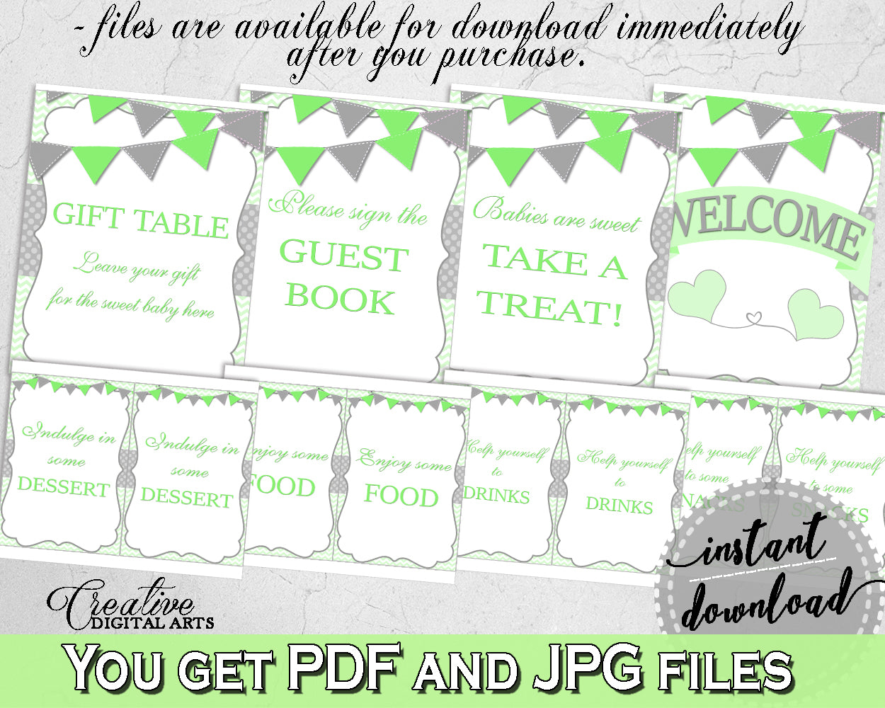 Baby shower boy TABLE SIGNS decoration printable with chevron green theme, digital files Jpg Pdf, instant download - cgr01