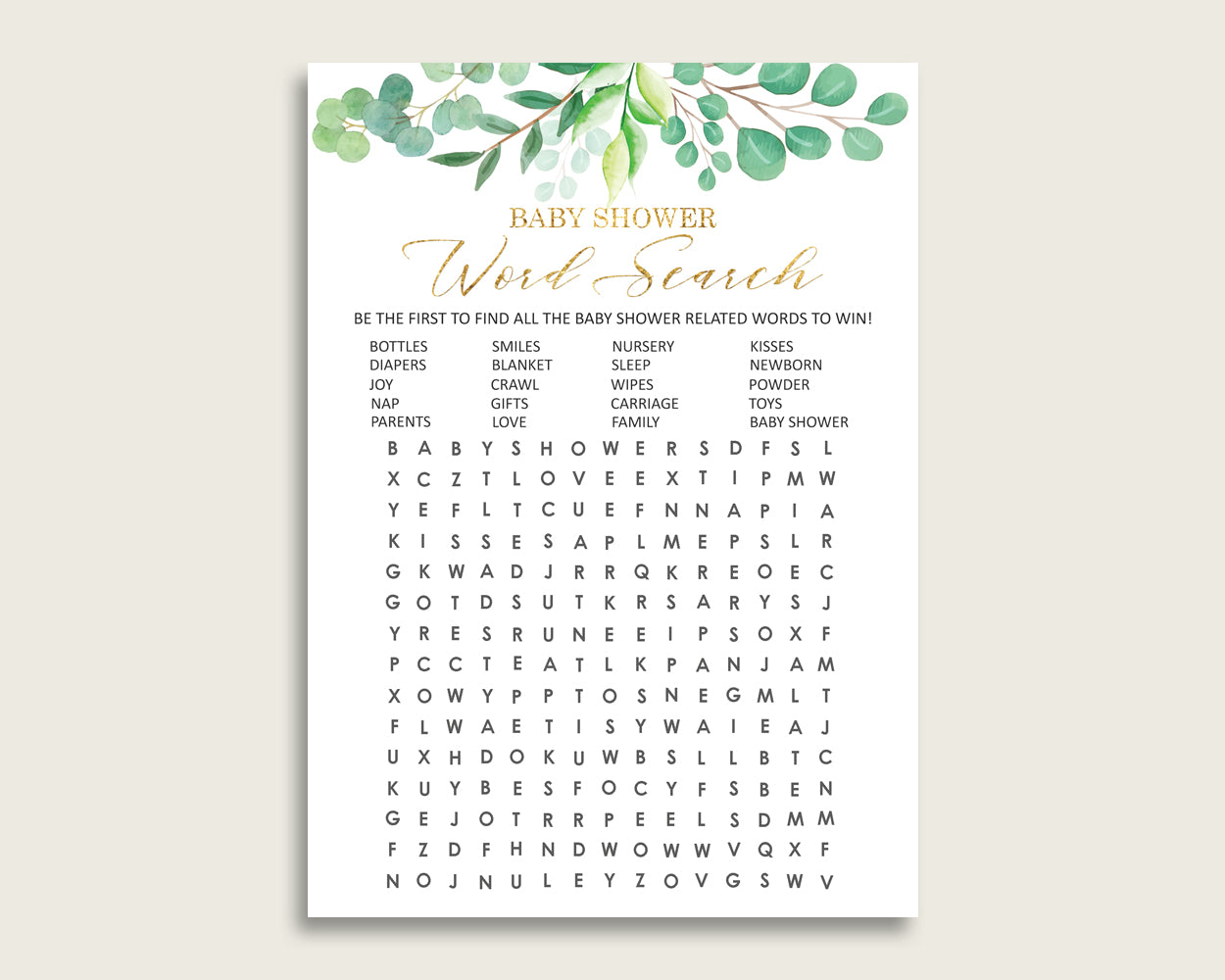 Greenery Word Search Game, Green Gold Baby Shower Word Search Cards Printable, Gender Neutral Baby Shower Activities, Hidden Words Y8X33