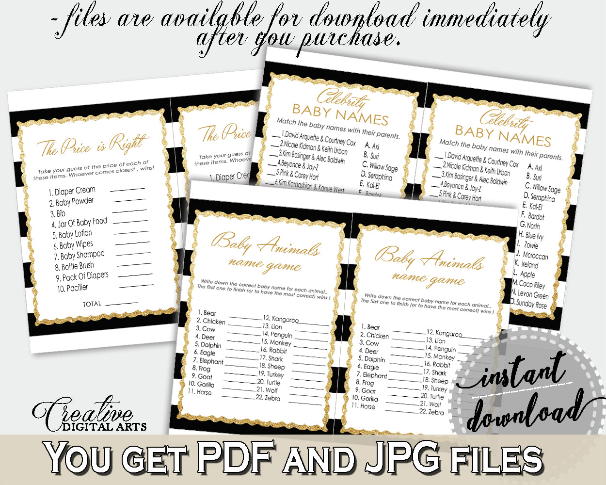 Baby Shower games package bundle printable glitter gold title with black white stripes, 8 games pack pdf jpg - Instant Download - bs001