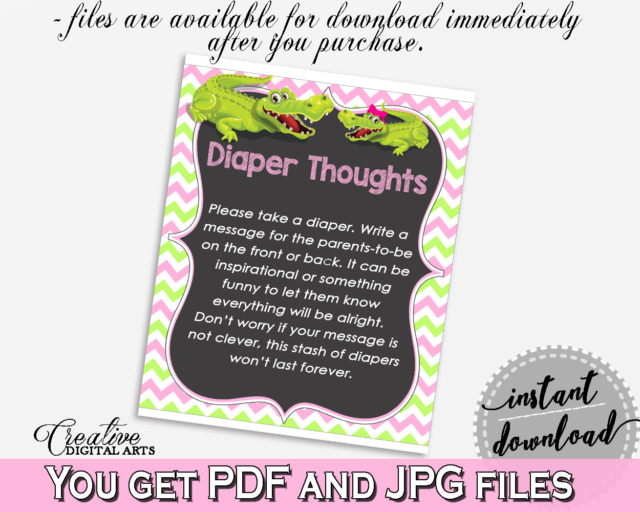 Baby shower DIAPER THOUGHTS game with green alligator and pink color theme, instant download - ap001