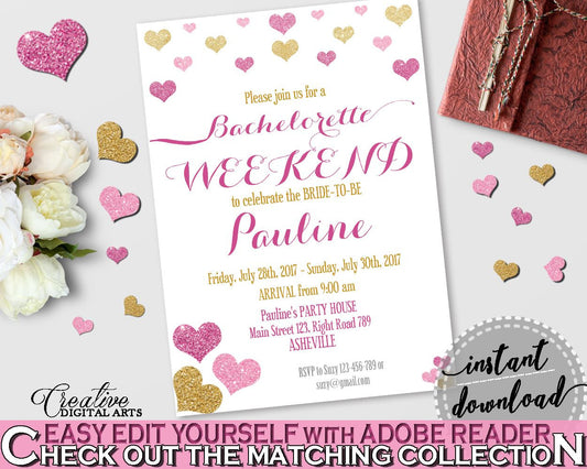 Bachelorette Weekend Invitation Editable in Glitter Hearts Bridal Shower Gold And Pink Theme, bash weekend,  valentine shower,  - WEE0X - Digital Product