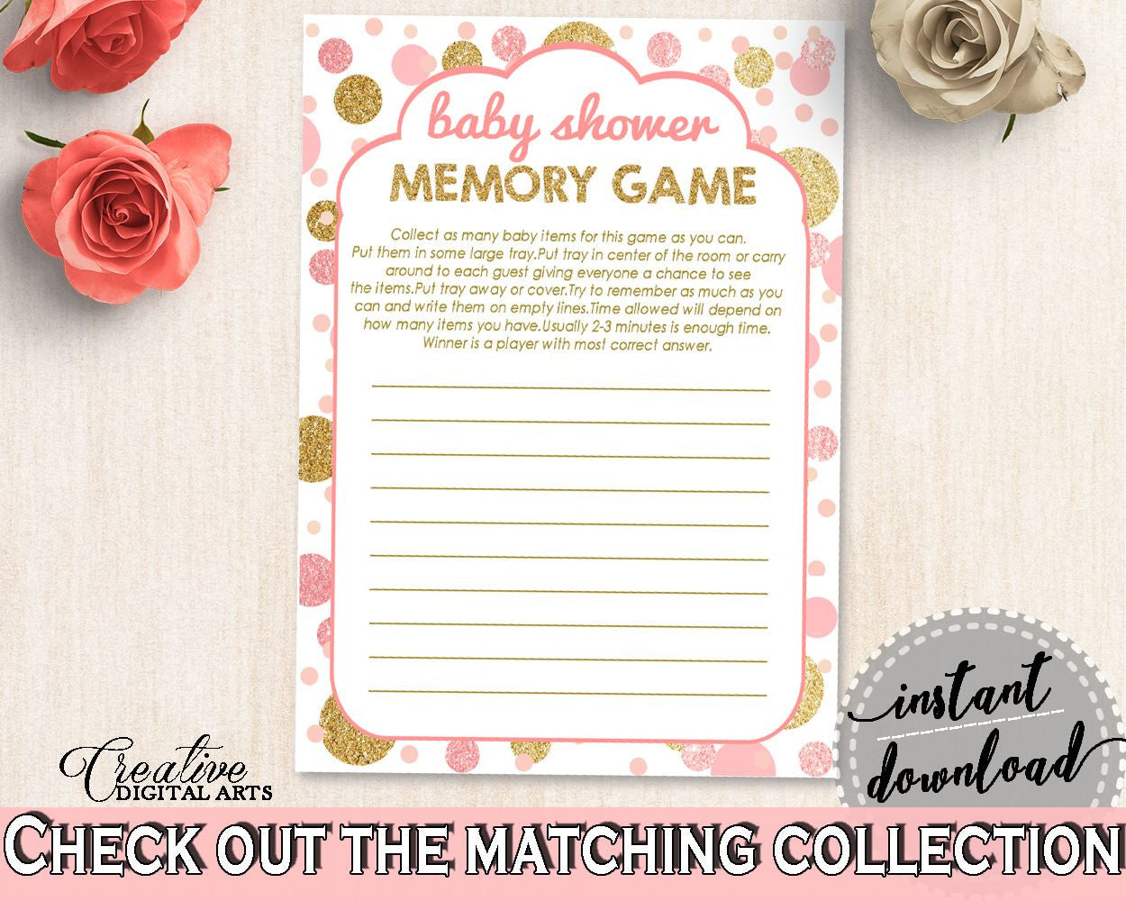 Memory Game, Baby Shower Memory Game, Dots Baby Shower Memory Game, Baby Shower Dots Memory Game Pink Gold pdf jpg - RUK83 - Digital Product