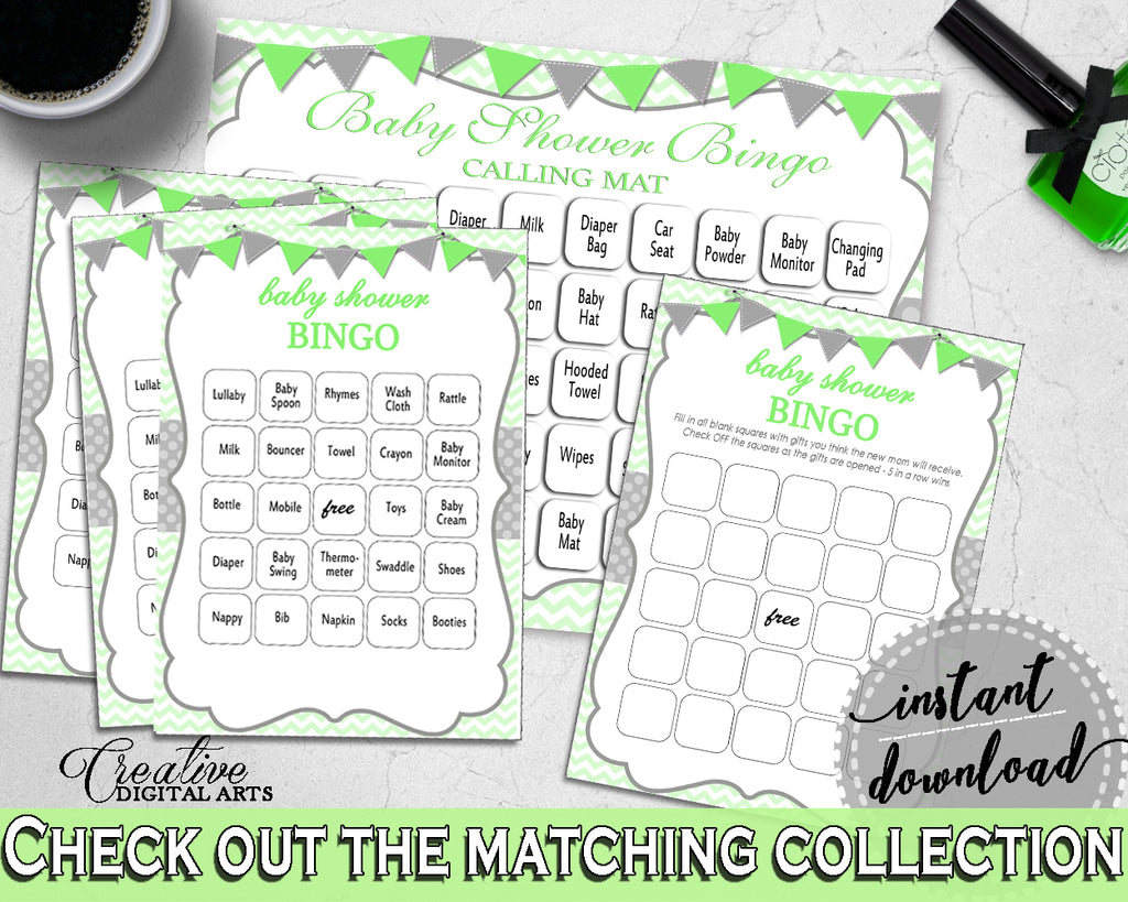 Baby Shower BINGO 60 cards game and empty gift BINGO cards with green chevron theme printable, Jpg and Pdf, instant download - cgr01