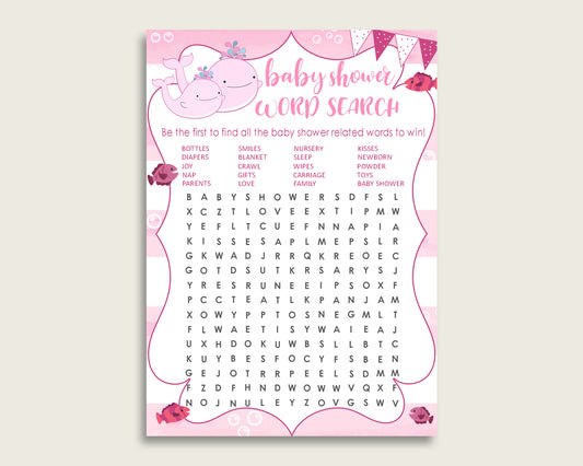 Pink Whale Word Search Game, Pink White Baby Shower Word Search Cards Printable, Girl Baby Shower Activities, Hidden Words, Instant wbl02