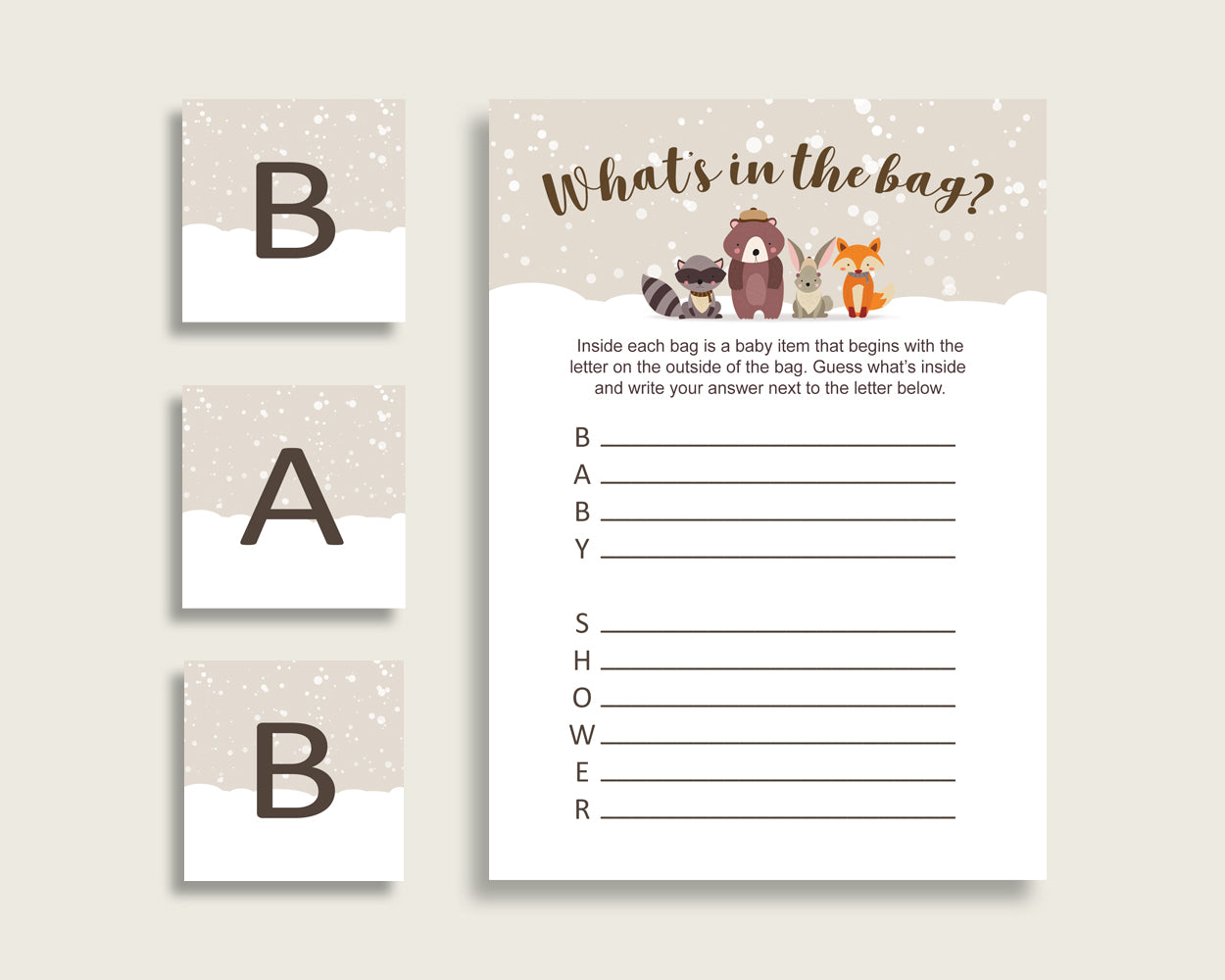 Winter Woodland Baby Shower What's In The Bag Game, Beige Brown Gender Neutral Bag Game Printable, Instant Download, Woods Theme RM4SN