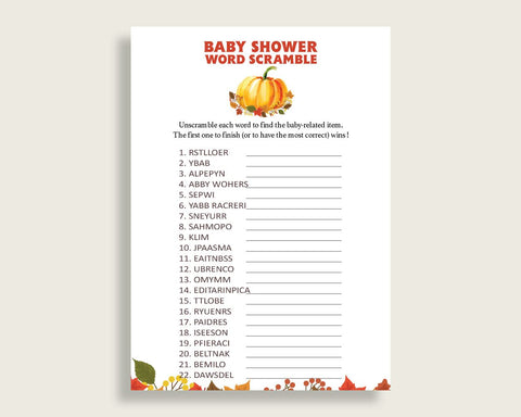 Word Scramble Baby Shower Word Scramble Fall Baby Shower Word Scramble Baby Shower Pumpkin Word Scramble Orange Brown paper supplies BPK3D - Digital Product