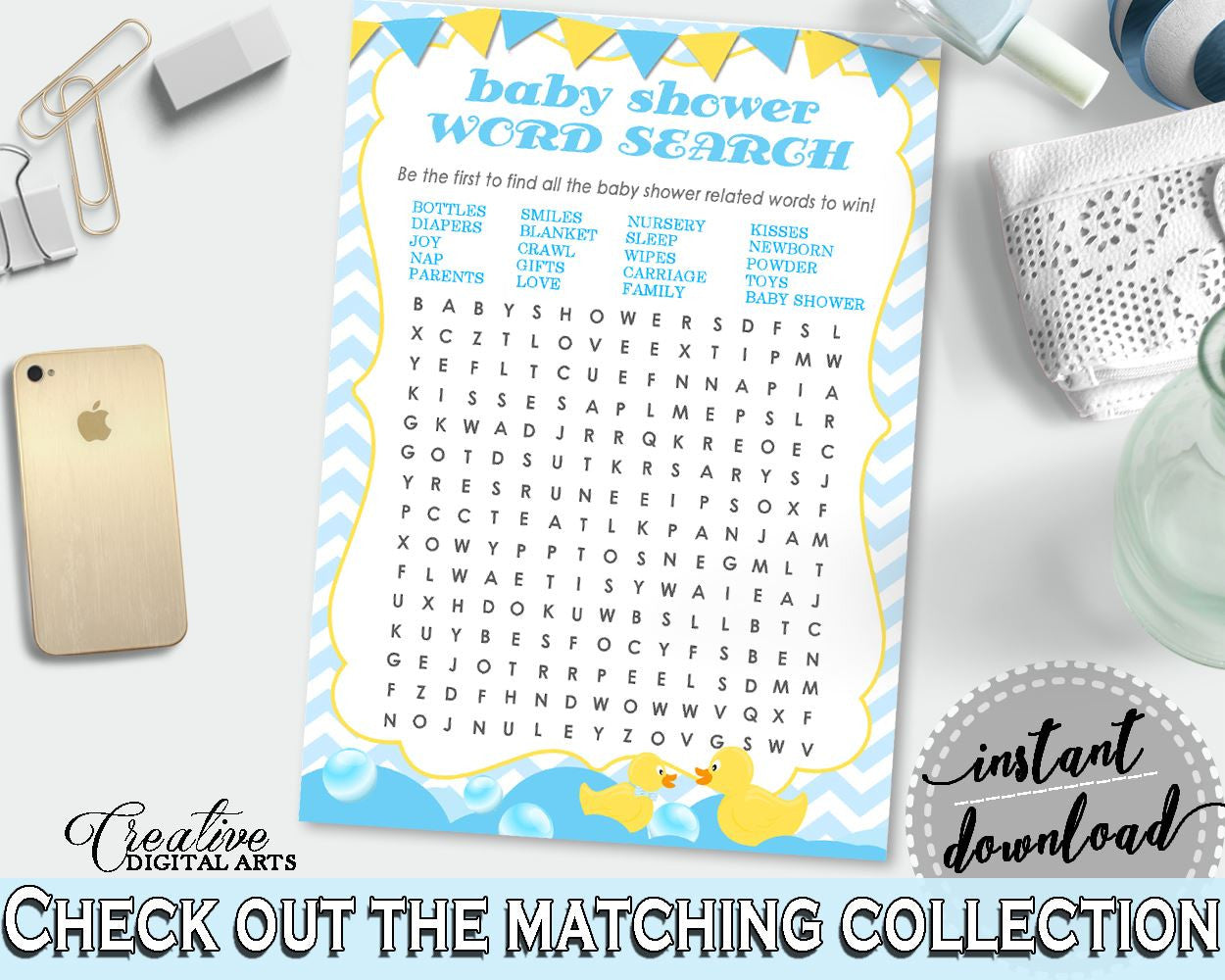 Baby Shower Farm Yellow Rubber Duck Smiles Crosswords WORD SEARCH, Prints, Digital Download, Baby Shower Idea - rd002 - Digital Product