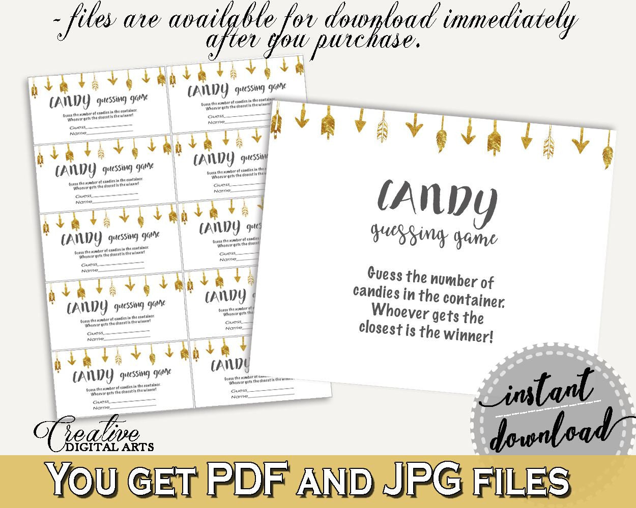 Candy Guessing Baby Shower Candy Guessing Gold Arrows Baby Shower Candy Guessing Baby Shower Gold Arrows Candy Guessing Gold White I60OO - Digital Product