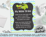 MY WATER BROKE baby shower game with green alligator and blue color theme, instant download - ap002