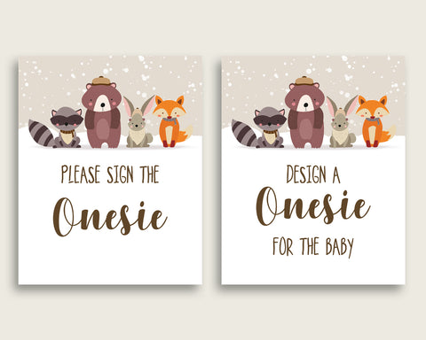 Beige Brown Please Sign The Onesie Sign and Design A Onesie Sign Printables, Winter Woodland Gender Neutral Baby Shower Decor, Instant RM4SN