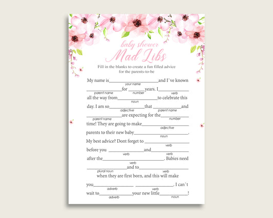 Pink Green Mad Libs Baby Shower Girl Game Printable, Flower Blush Mad Libs Fun Activity, DIY digital file, Watercolor Most Popular VH1KL