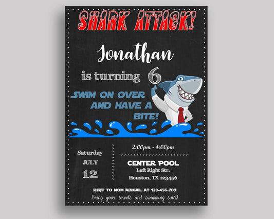 Shark Birthday Invitation Shark Birthday Party Invitation Shark Birthday Party Shark Invitation Boy chalkboard, summer pool, printable I9TVN - Digital Product