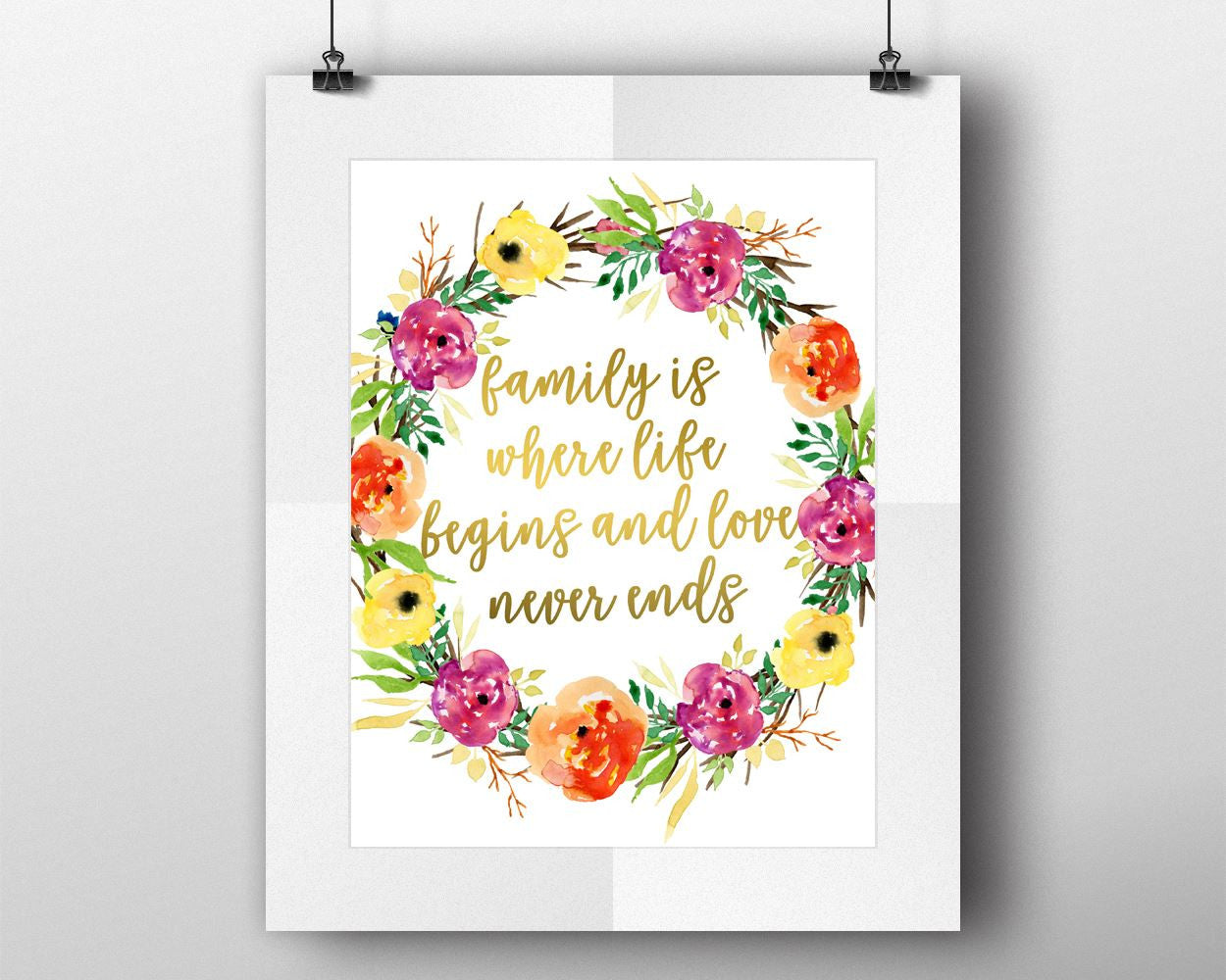 Wall Art Family Digital Print Family Poster Art Family Wall Art Print Family  Wall Decor Family home wall decor gold floral print - Digital Download