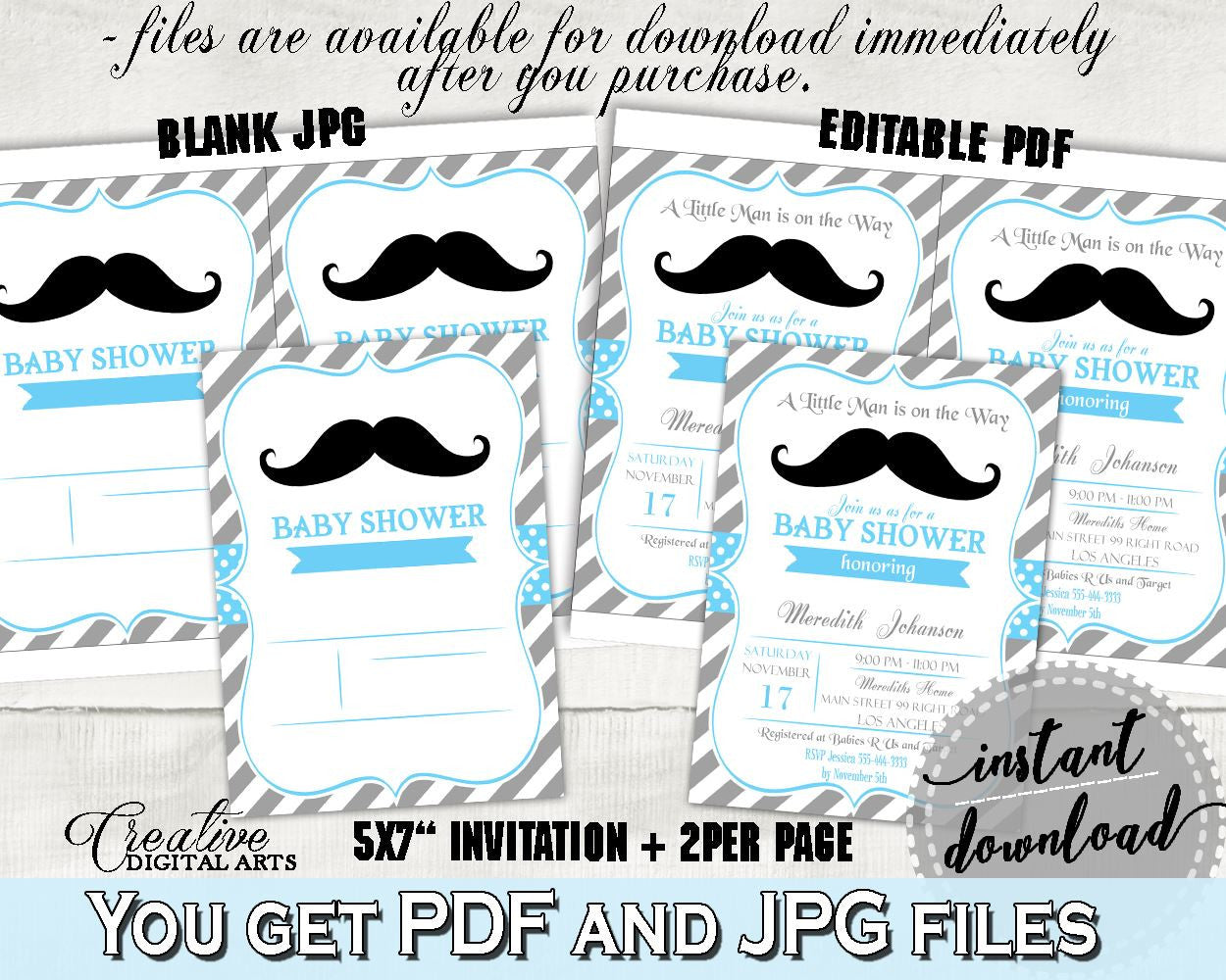 Blue Gray Editable Invitation, Baby Shower Editable Invitation, Mustache Baby Shower Editable Invitation, Baby Shower Mustache 9P2QW - Digital Product