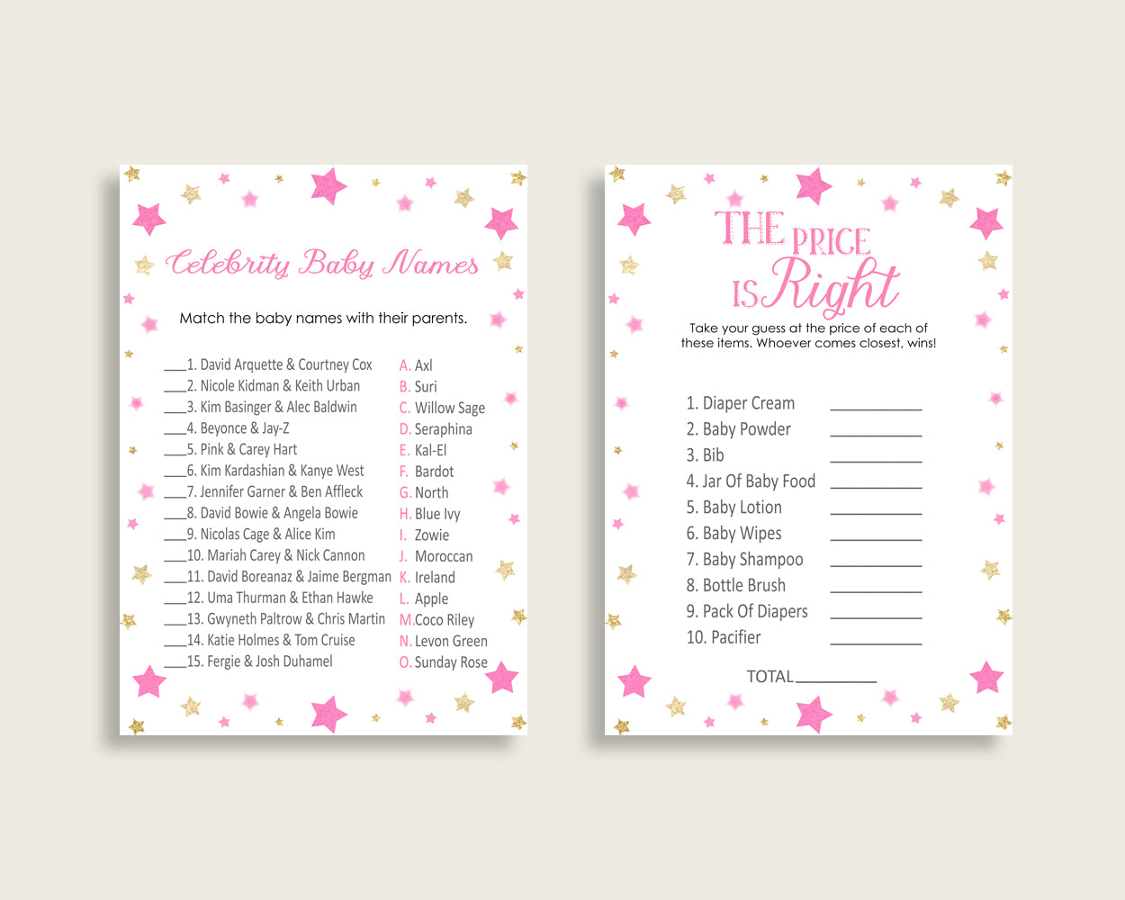 Twinkle Star Baby Shower Games Printable Pack, Pink Gold Baby Shower Games Package Girl, Twinkle Star Games Bundle Set, Instant bsg01