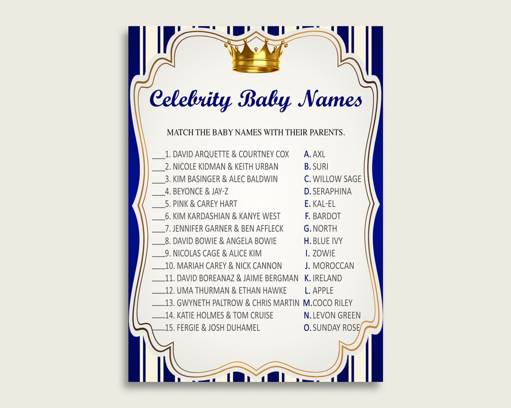 Blue Gold Celebrity Baby Names, Royal Prince Baby Shower Boy Name Game Printable, Celebrity Match Game, Famous Babies Game, Celebrity rp001