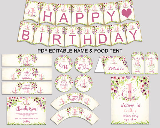 First Birthday Decor First Editable Pack Pink Green Party Decoration First Birthday Decoration Girl KAF9O