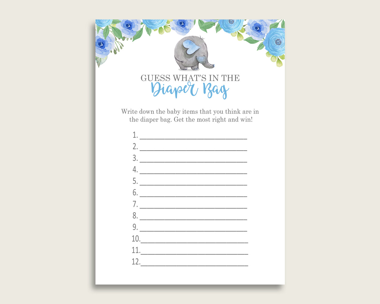 Elephant Blue Guess What's In The Diaper Bag Game, Boy Baby Shower Blue Gray Diaper Game Printable, Instant Download, Cute Elephant, ebl01