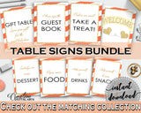 Baby shower TABLE SIGNS decoration printable with orange strips theme, gold glitter shower, digital jpg pdf, instant download - bs003