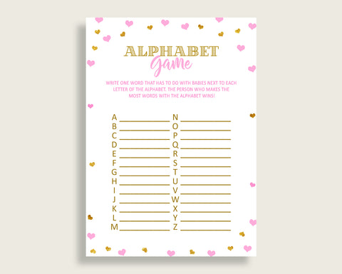 Alphabet Game Baby Shower Abc Game Hearts Baby Shower Alphabet Game Baby Shower Hearts Abc Game Pink Gold party supplies pdf jpg bsh01