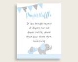 Elephant Baby Shower Diaper Raffle Tickets Game, Boy Blue Grey Diaper Raffle Card Insert and Sign Printable, Instant Download, 3.5x2", ebl02