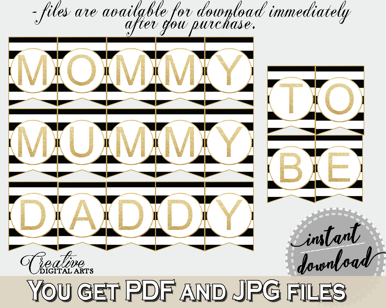 Baby shower CHAIR BANNER decoration printable with black white color stripes theme, digital files, glitter gold, instant download - bs001