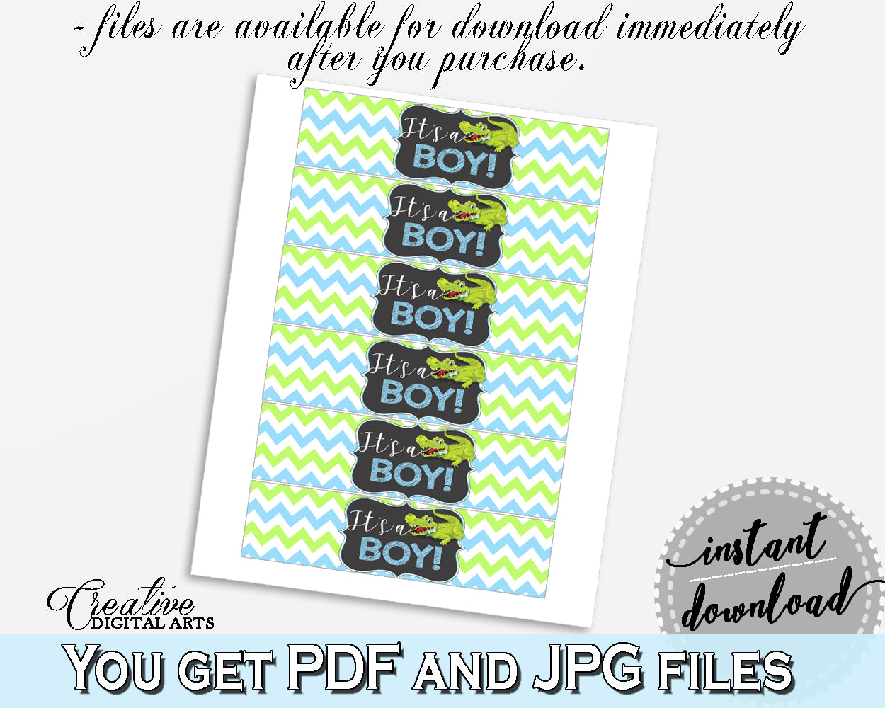 Baby shower NAPKIN RINGS printable with green alligator and blue color theme, instant download - ap002