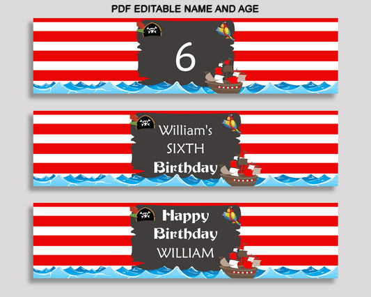 Pirate Bottle Labels Red Black Editable Wraps Pirate Birthday Labels Pirate Bottle Wraps Boy INGIO