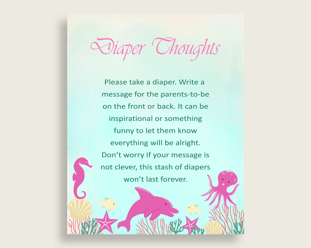 Under The Sea Baby Shower Diaper Thoughts Printable, Girl Pink Green Late Night Diaper Sign, Words For Wee Hours, Write On Diaper uts01