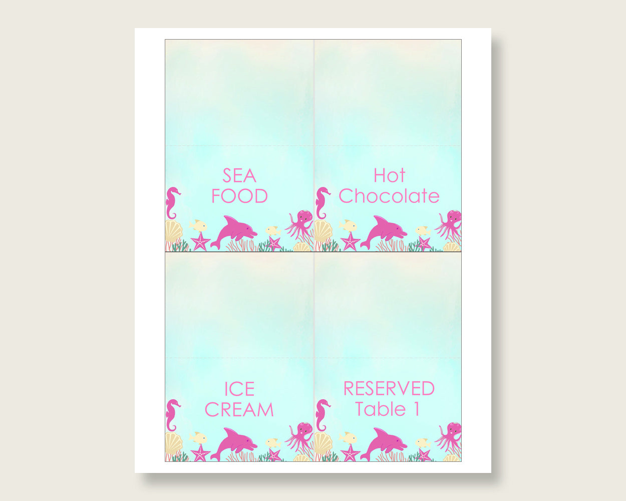 Under The Sea Folded Food Tent Cards Printable, Pink Green Editable Pdf Buffet Labels, Girl Baby Shower Food Place Cards, Instant uts01