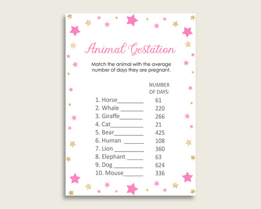 Twinkle Star Animal Pregnancy Gestation Game, Pink Gold Baby Shower Girl Printable Activities, Instant Download, Most Popular Pink bsg01