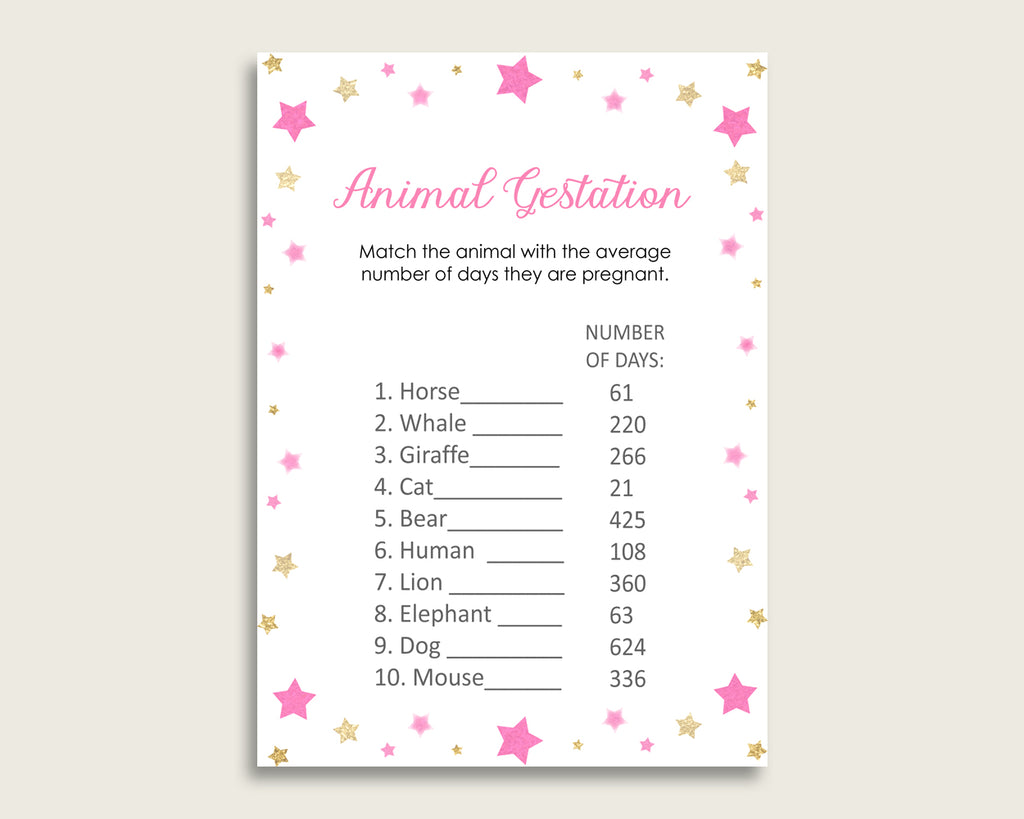 Twinkle Star Animal Pregnancy Gestation Game, Pink Gold Baby Shower Girl Printable Activities, Instant Download, Most Popular Pink bsg01