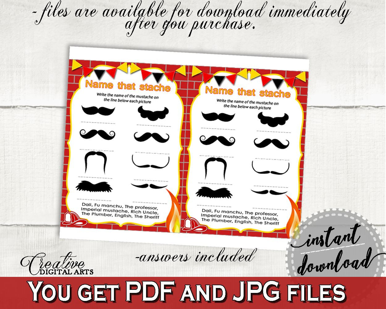 Name That Stache Baby Shower Name That Stache Fireman Baby Shower Name That Stache Red Yellow Baby Shower Fireman Name That Stache - LUWX6 - Digital Product