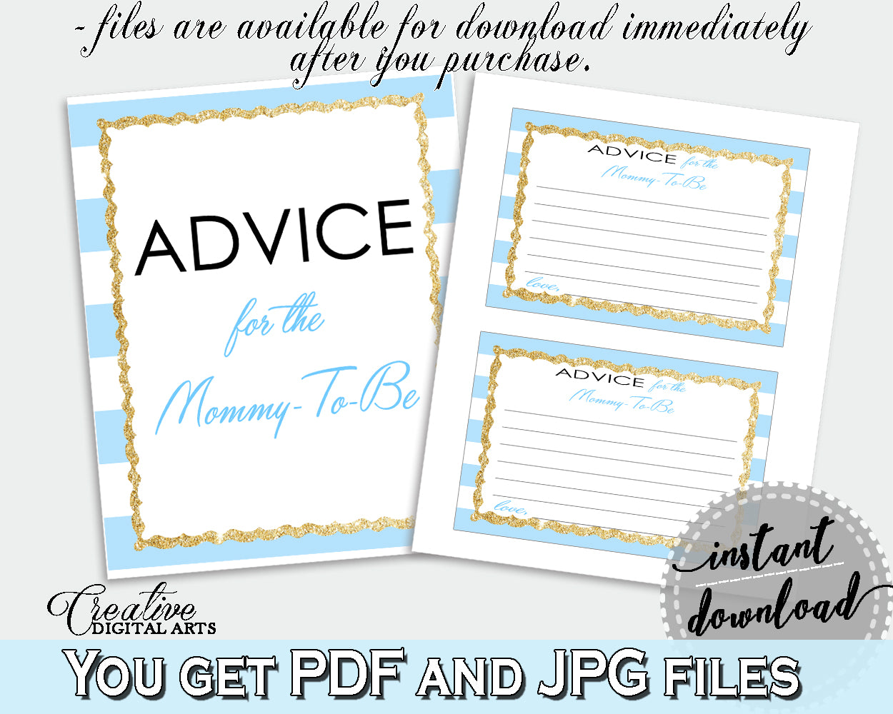 Advice For The Mommy To Be and Advice For The New Parents baby shower activities with blue white stripes, glitter, instant download - bs002