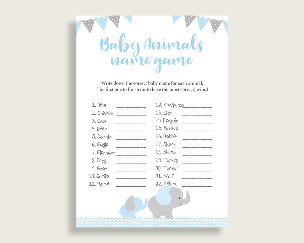 Elephant Name The Baby Animals Game Printable, Blue Grey Baby Shower Animal Game, Boy Baby Shower, Instant Download, Mammoth Trunk, ebl02