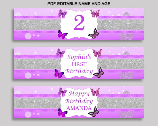 Butterfly Bottle Labels Purple White Editable Wraps Butterfly Birthday Labels Butterfly Bottle Wraps Girl OHI62