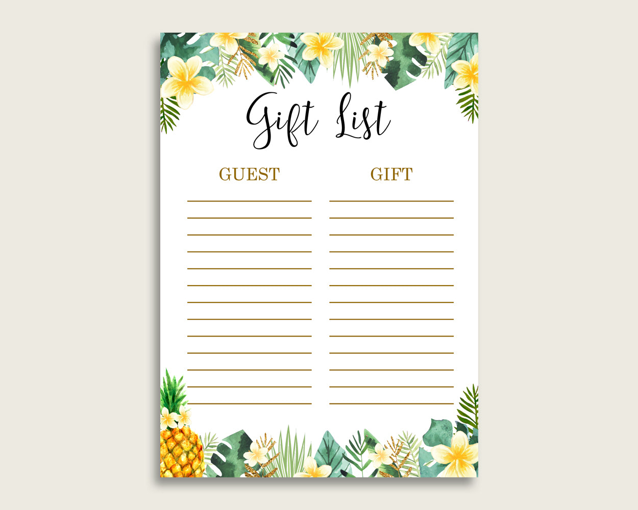 Tropical Baby Shower Gift List, Green Yellow Gift List Printable, Gender Neutral Baby Shower Gift Checklist Sheet, Instant Download, 4N0VK