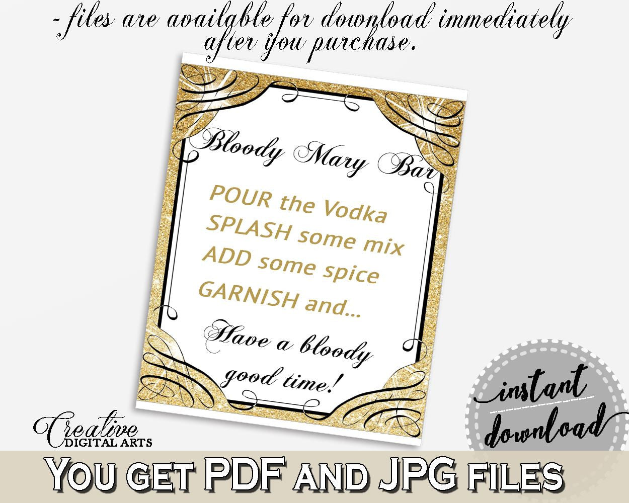 Gold And Yellow Glittering Gold Bridal Shower Theme: Bloody Mary Bar Sign - spice, yellow theme, party organization, party plan - JTD7P - Digital Product