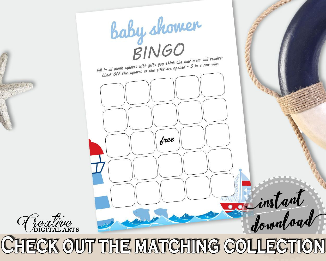 Bingo Gift Game Baby Shower Bingo Gift Game Nautical Baby Shower Bingo Gift Game Baby Shower Nautical Bingo Gift Game Blue Red digital DHTQT - Digital Product