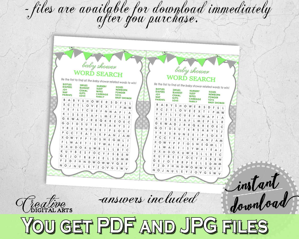 Baby Shower boy girl WORD SEARCH game with chevron green theme printable, digital files, Jpg Pdf, instant download - cgr01