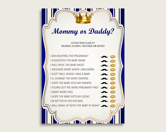 Blue Gold Mommy Or Daddy Baby Shower Boy Game Printable, Royal Prince Guess Who Said It, He Said She Said, Instant Download, rp001