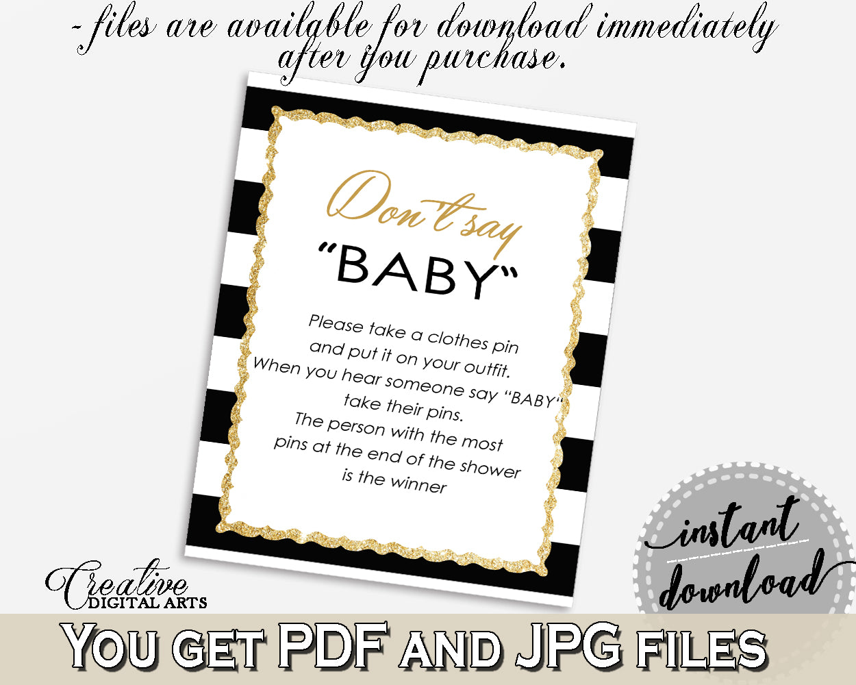 DON'T SAY BABY game for baby shower with black white stripes theme printable glitter gold, digital files, Jpg Pdf, instant download - bs001