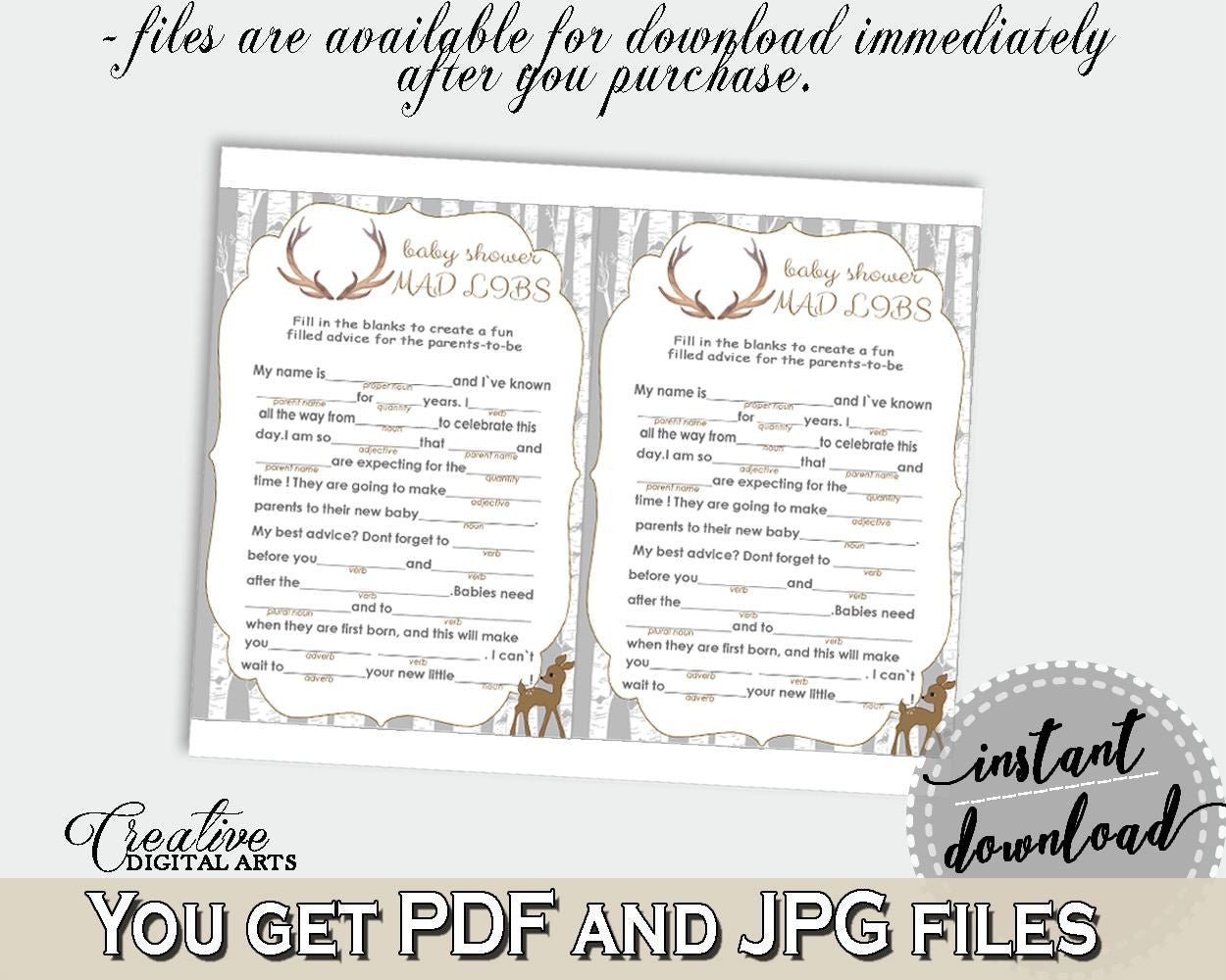 Mad Libs Baby Shower Mad Libs Deer Baby Shower Mad Libs Baby Shower Deer Mad Libs Gray Brown party supplies - Z20R3 - Digital Product