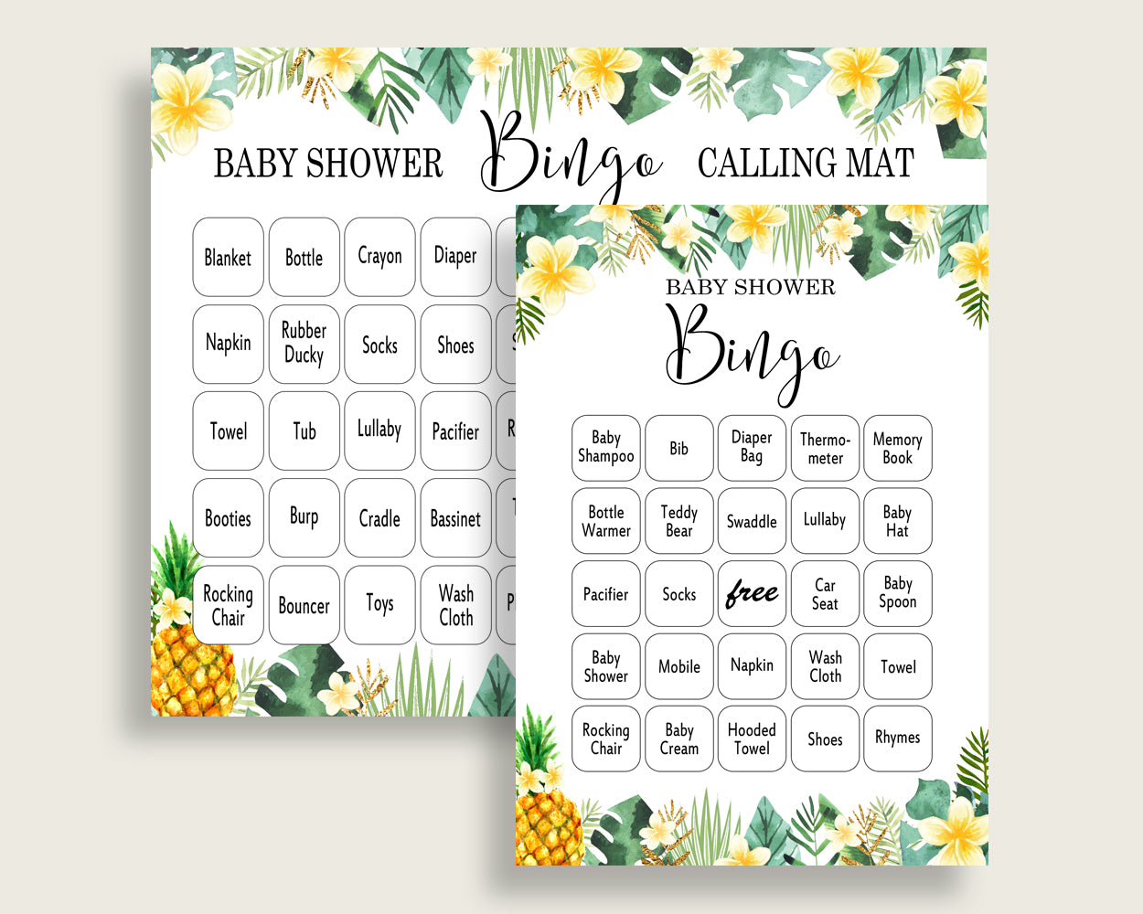 Tropical Baby Shower Bingo Cards Printable, Green Yellow Baby Shower Gender Neutral, 60 Prefilled Bingo Game Cards, Popular 4N0VK