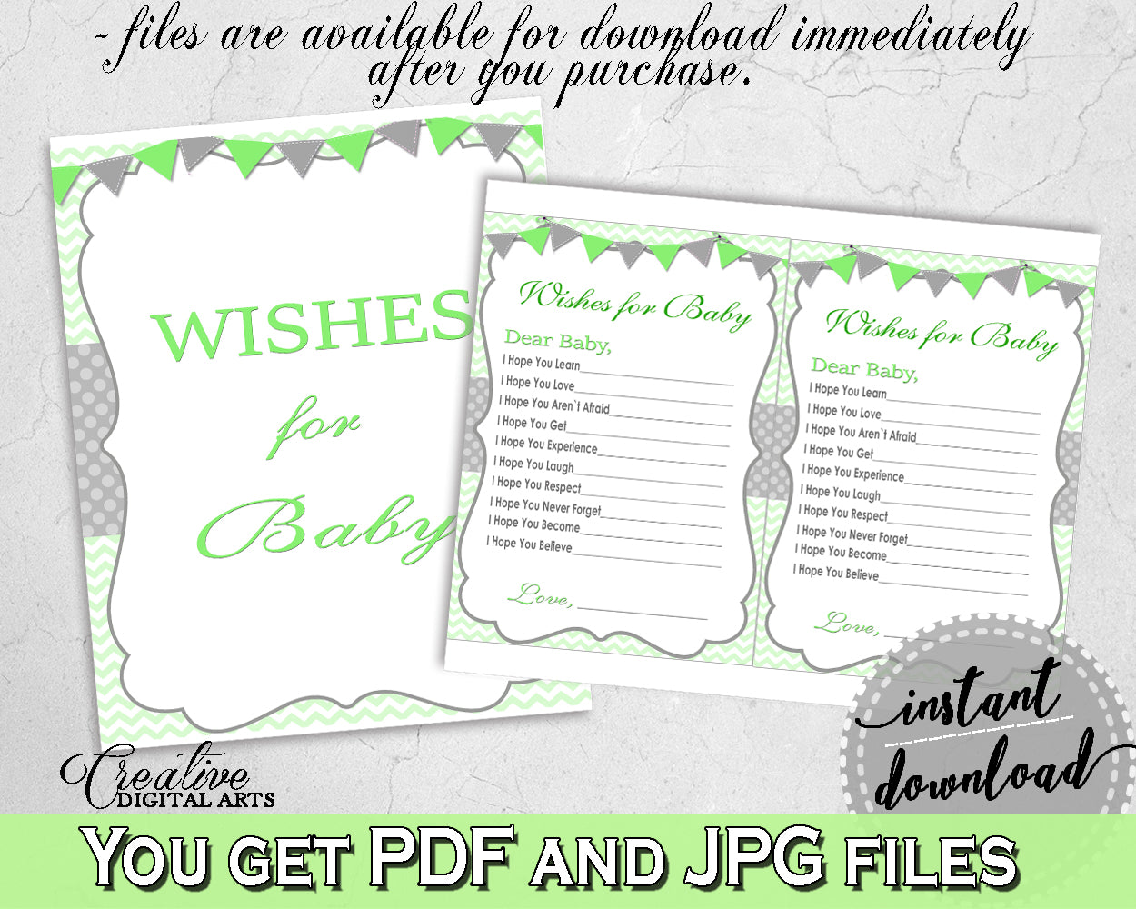 WISHES FOR BABY activity advice for baby girl boy shower with chevron green theme printable, Jpg Pdf, instant download - cgr01