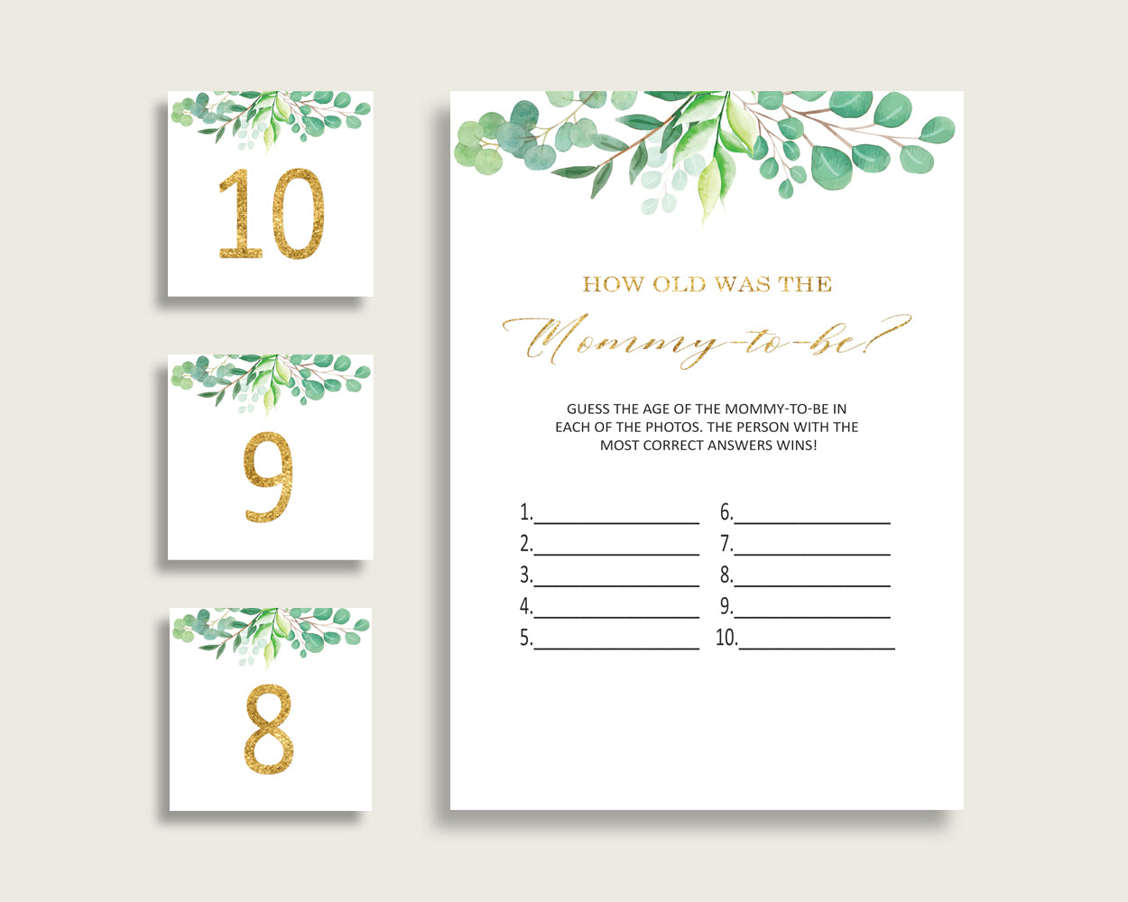 Green Gold How Old Was The Mommy To Be, Gender Neutral Baby Shower Game Printable, Greenery Guess Mommy's Age Game, Instant Download, Y8X33